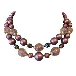 vintage 1950s multi strand purple beaded necklace and earrings, costume jewelry